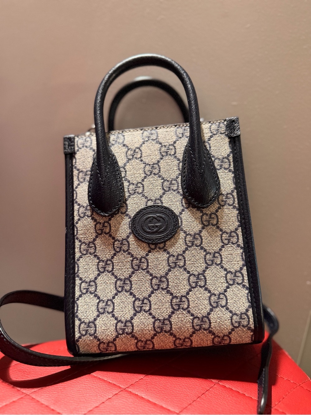 Authentic Gucci Beige GG Supreme Mini Tote with Blue Leather Trim